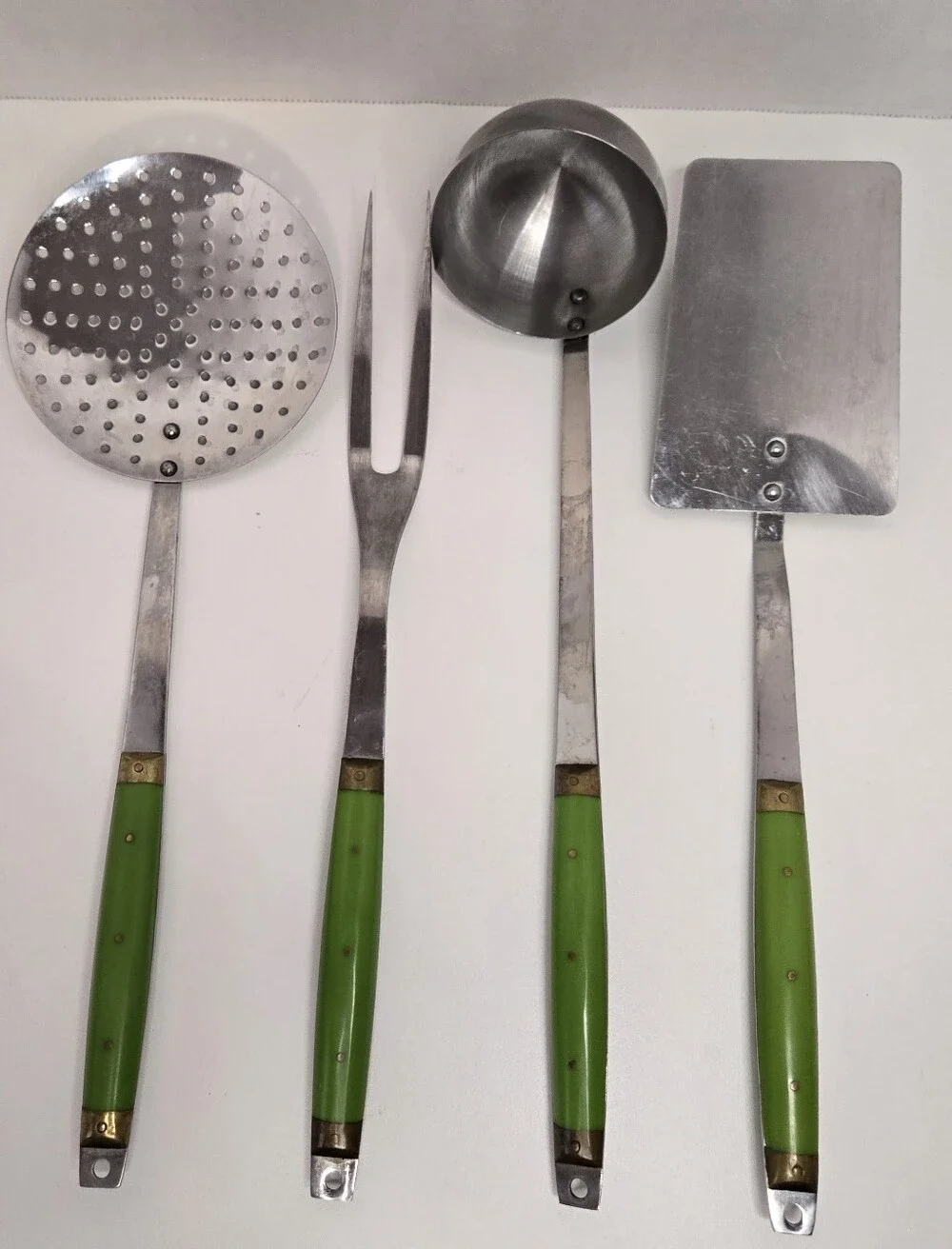 Vintage Styson Stainless Steel Kitchen Utensil Set MCM Japan Green Brass Accents